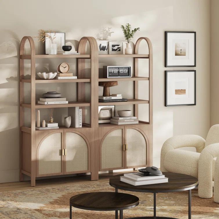 Boho 3-Shelf Bookshelf Cabinet With Rattan Doors