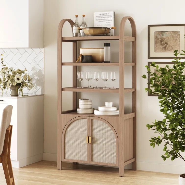 Boho 3-Shelf Bookshelf Cabinet With Rattan Doors
