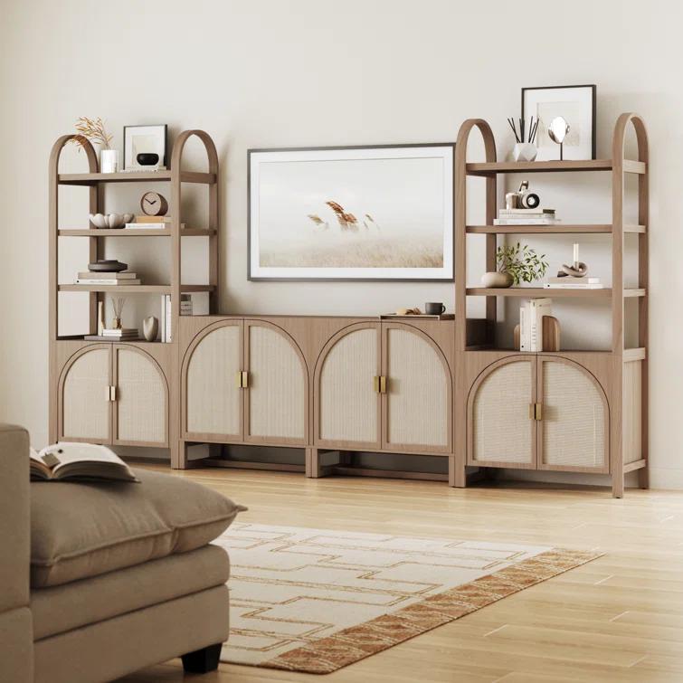 Boho 3-Shelf Bookshelf Cabinet With Rattan Doors