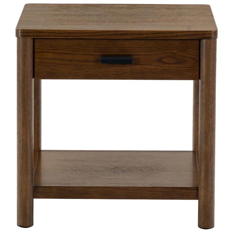 Medium Oak Wood and Metal End Table with Storage Drawer