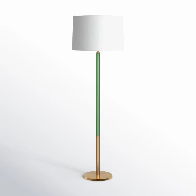 Burnished Brass and Green Floor Lamp with White Linen Shade