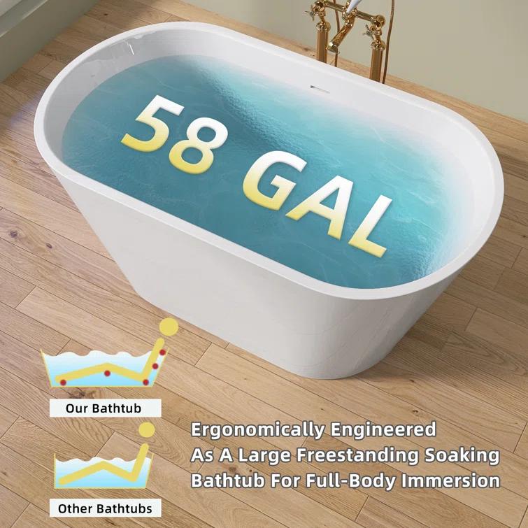 55" Freestanding Soaking Acrylic Bathtub Contemporary Stand Alone Tub with Pop-Up Drain