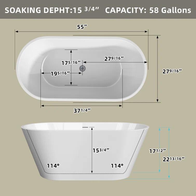 55" Freestanding Soaking Acrylic Bathtub Contemporary Stand Alone Tub with Pop-Up Drain