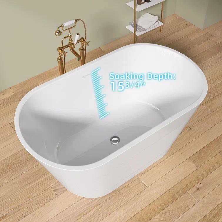 55" Freestanding Soaking Acrylic Bathtub Contemporary Stand Alone Tub with Pop-Up Drain