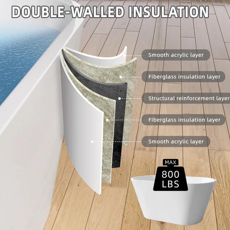 55" Freestanding Soaking Acrylic Bathtub Contemporary Stand Alone Tub with Pop-Up Drain