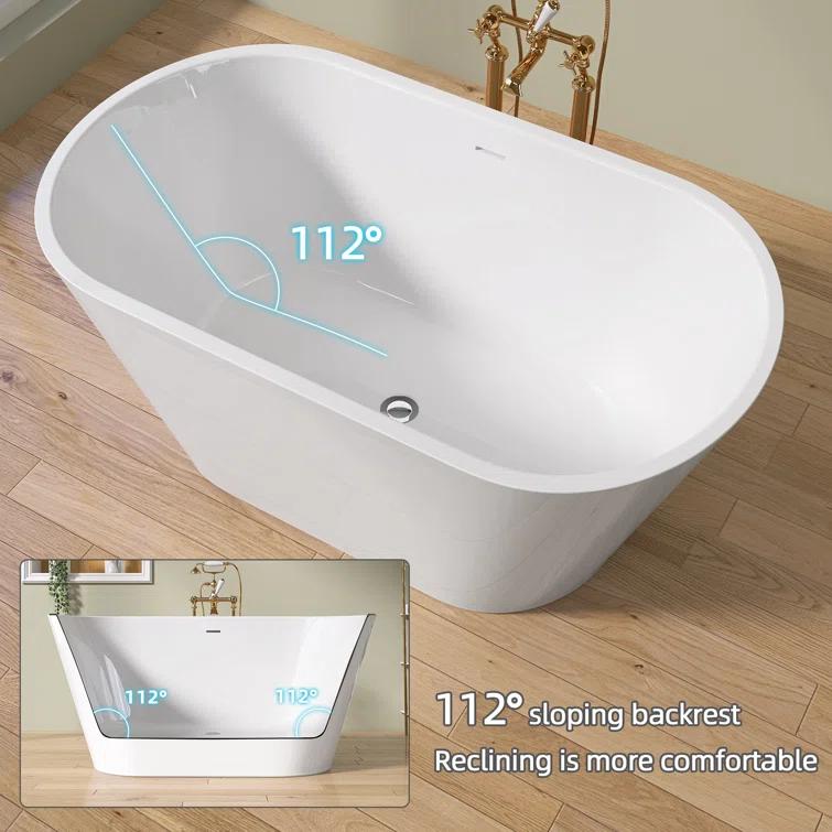 55" Freestanding Soaking Acrylic Bathtub Contemporary Stand Alone Tub with Pop-Up Drain