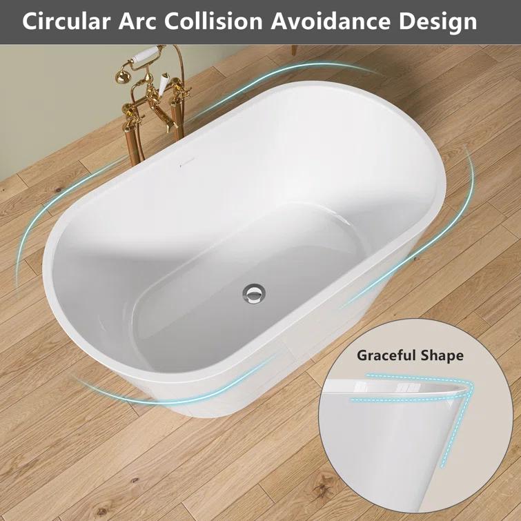 55" Freestanding Soaking Acrylic Bathtub Contemporary Stand Alone Tub with Pop-Up Drain
