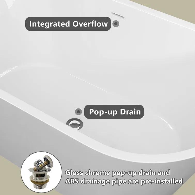 55" Freestanding Soaking Acrylic Bathtub Contemporary Stand Alone Tub with Pop-Up Drain