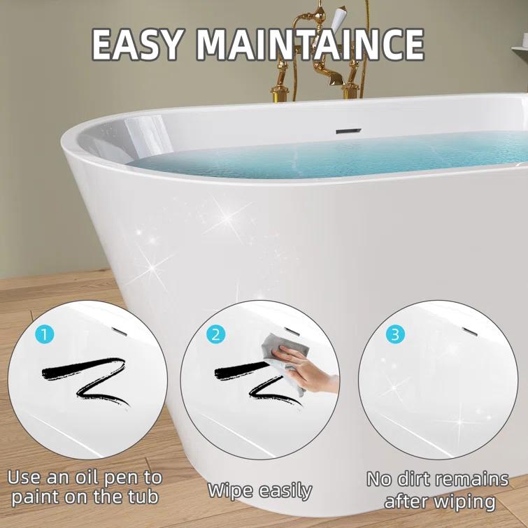 55" Freestanding Soaking Acrylic Bathtub Contemporary Stand Alone Tub with Pop-Up Drain
