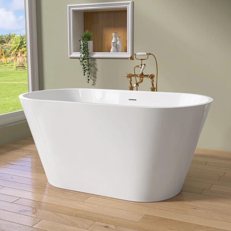 55" Freestanding Soaking Acrylic Bathtub Contemporary Stand Alone Tub with Pop-Up Drain