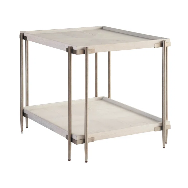 White Oak and Gold Rectangular End Table with Metal Frame
