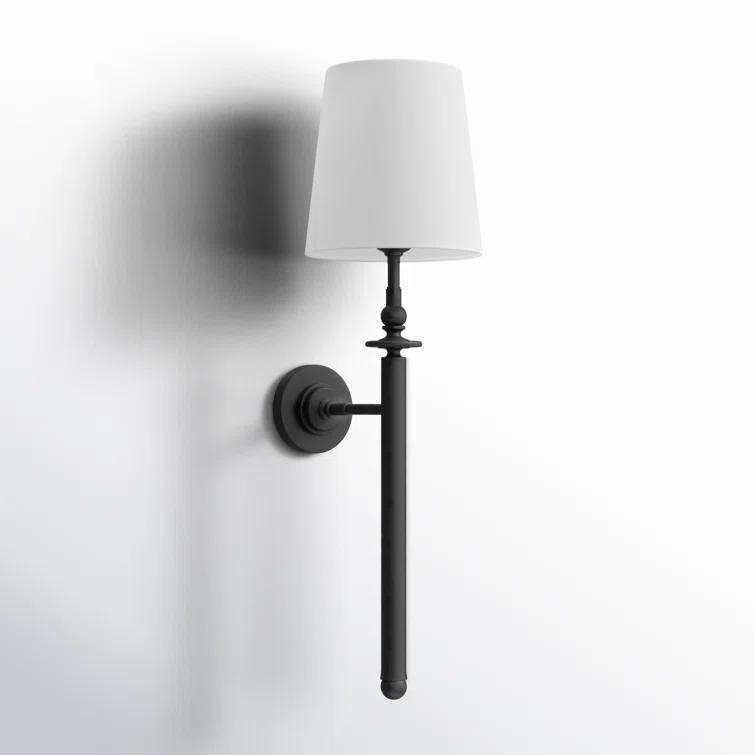 Aged Iron Black Dimmable Wall Sconce with White Linen Shade
