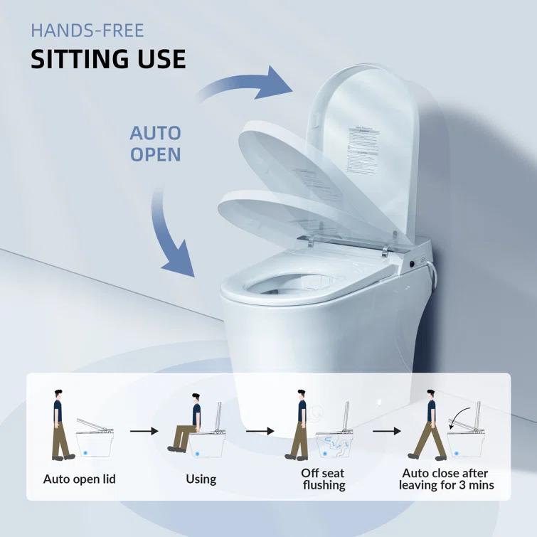 Auto Open/Close Tankless Smart Bidet Toilet with Auto Flush, Foot Sensor Function, Heated Seat,Dryer