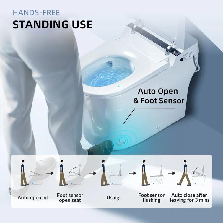 Auto Open/Close Tankless Smart Bidet Toilet with Auto Flush, Foot Sensor Function, Heated Seat,Dryer