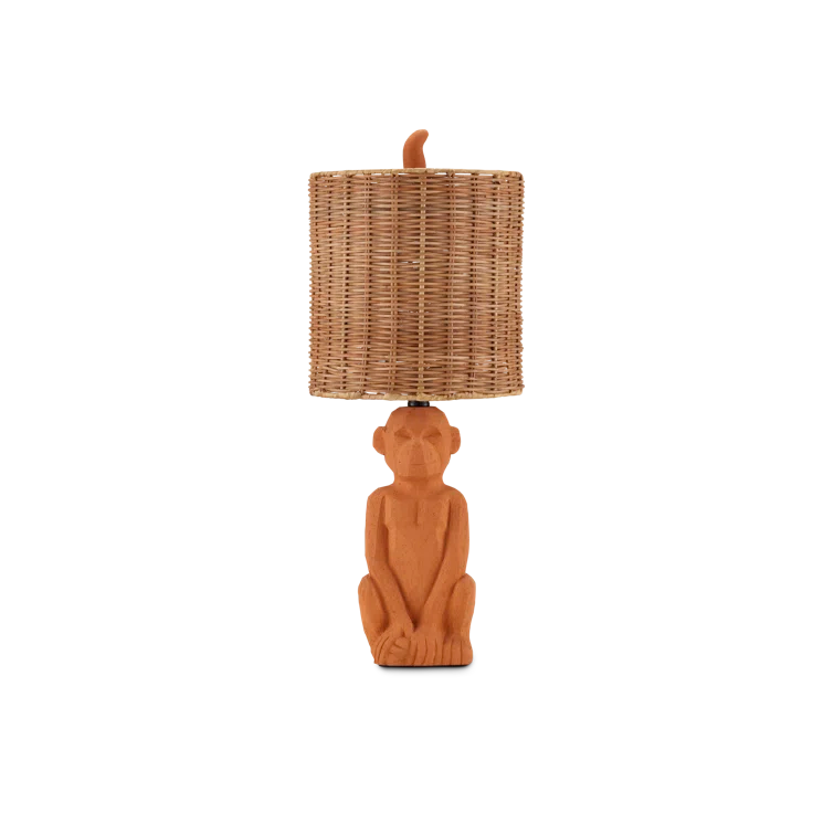 Terracotta Monkey Sculpture Table Lamp with Natural Rattan Shade