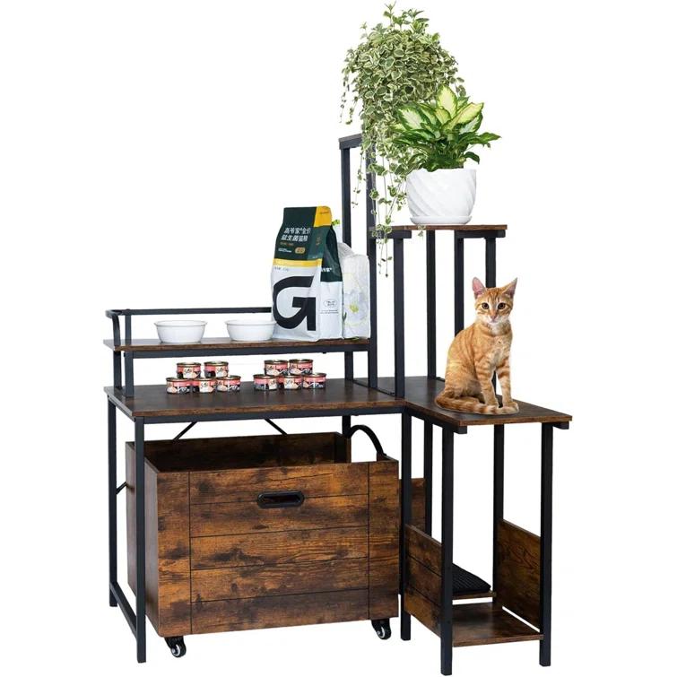 Tucker Murphy Pet™ Cat Litter Box Enclosure Furniture With Flower Stand, Corner Wooden Cat Washroom, Pullable Carring Tray, Plant Stand Hidden Litter Box Enclosure Furniture With Catch Litter, Cat House