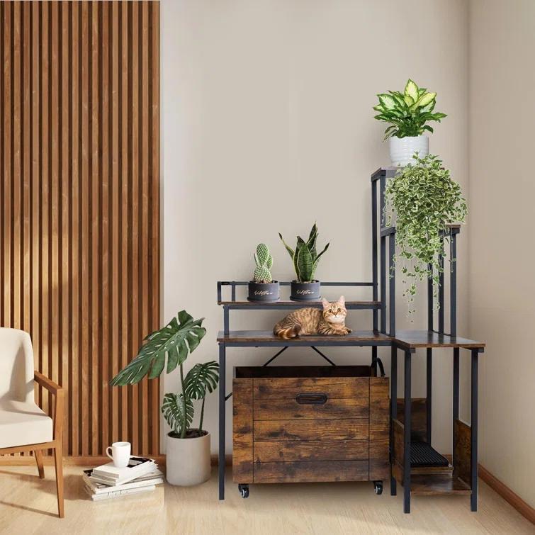 Tucker Murphy Pet™ Cat Litter Box Enclosure Furniture With Flower Stand, Corner Wooden Cat Washroom, Pullable Carring Tray, Plant Stand Hidden Litter Box Enclosure Furniture With Catch Litter, Cat House