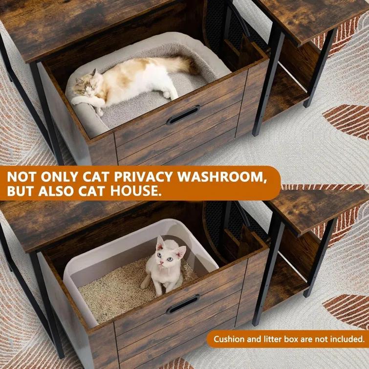 Tucker Murphy Pet™ Cat Litter Box Enclosure Furniture With Flower Stand, Corner Wooden Cat Washroom, Pullable Carring Tray, Plant Stand Hidden Litter Box Enclosure Furniture With Catch Litter, Cat House