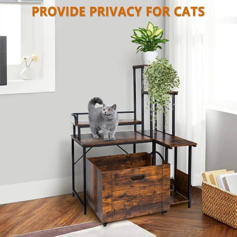 Tucker Murphy Pet™ Cat Litter Box Enclosure Furniture With Flower Stand, Corner Wooden Cat Washroom, Pullable Carring Tray, Plant Stand Hidden Litter Box Enclosure Furniture With Catch Litter, Cat House