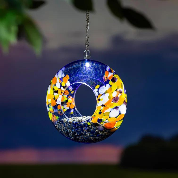 8"D Solar Art Glass Fly Through Bird Feeder, Sky Swirl