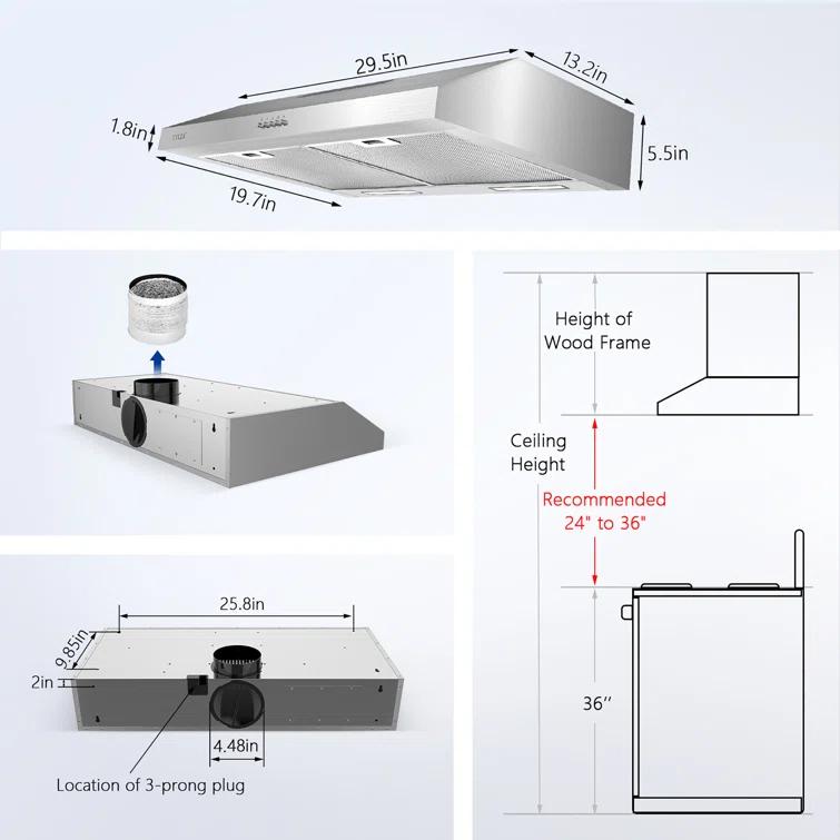 Streamline 30 In. T-3007-1-DL Savona Ductless Undermount 80 CFM Range Hood In Brushed Stainless Steel With Mesh Filters, Push Button Control, LED Light