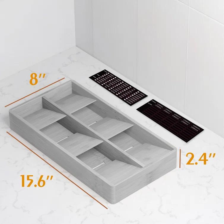 SpaceAid Bamboo Silverware Drawer Organizer with Labels – Kitchen Utensil Tray for Flatware, Cutlery, Spoons, and Knives – 6 Slots (White)