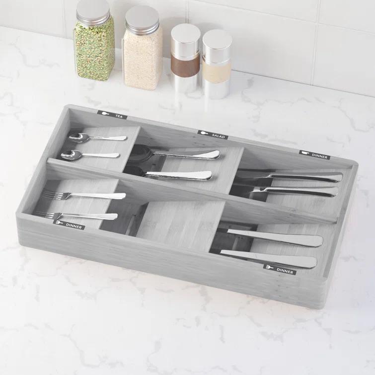 SpaceAid Bamboo Silverware Drawer Organizer with Labels – Kitchen Utensil Tray for Flatware, Cutlery, Spoons, and Knives – 6 Slots (White)