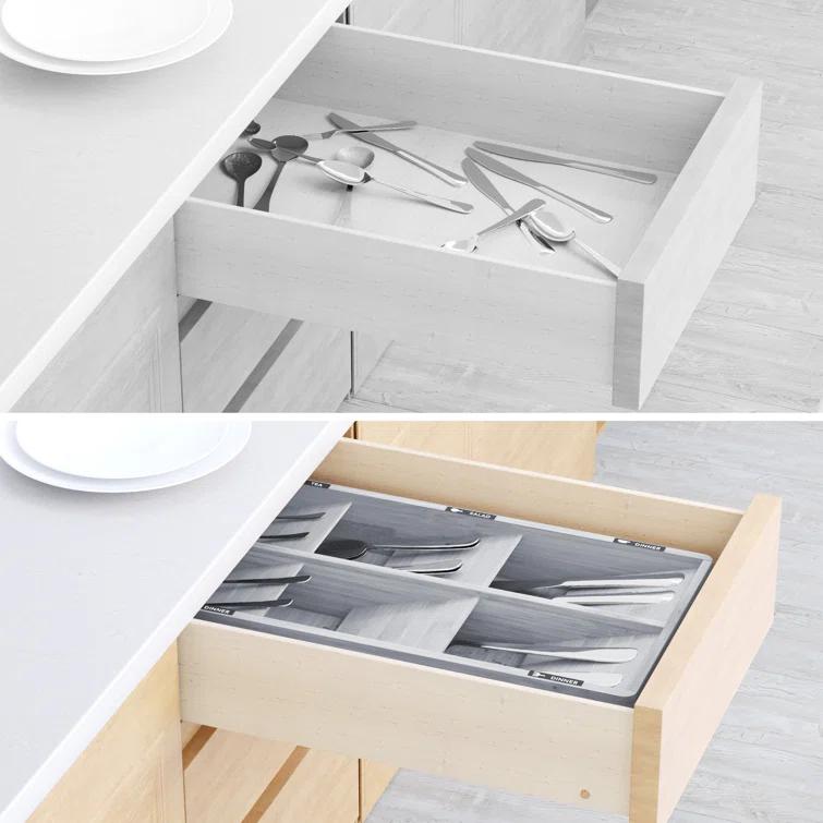 SpaceAid Bamboo Silverware Drawer Organizer with Labels – Kitchen Utensil Tray for Flatware, Cutlery, Spoons, and Knives – 6 Slots (White)