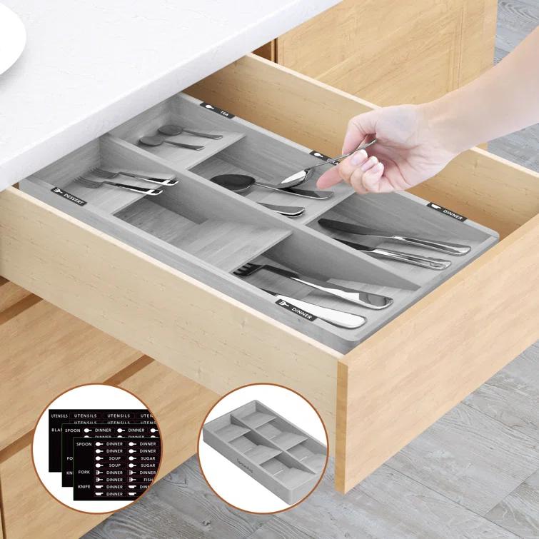 SpaceAid Bamboo Silverware Drawer Organizer with Labels – Kitchen Utensil Tray for Flatware, Cutlery, Spoons, and Knives – 6 Slots (White)