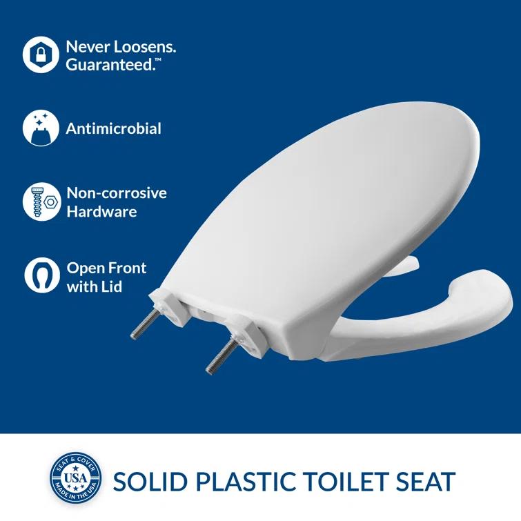 7750TDG Commercial Heavy Duty Open Front Toilet Seat, Never Loosens, ROUND, Plastic, White