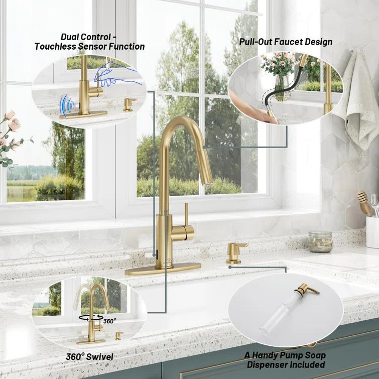 Willow Single-Handle Pull Down Sprayer Kitchen Faucet with Infrared Sensor, Soap Dispenser and Deck Plate
