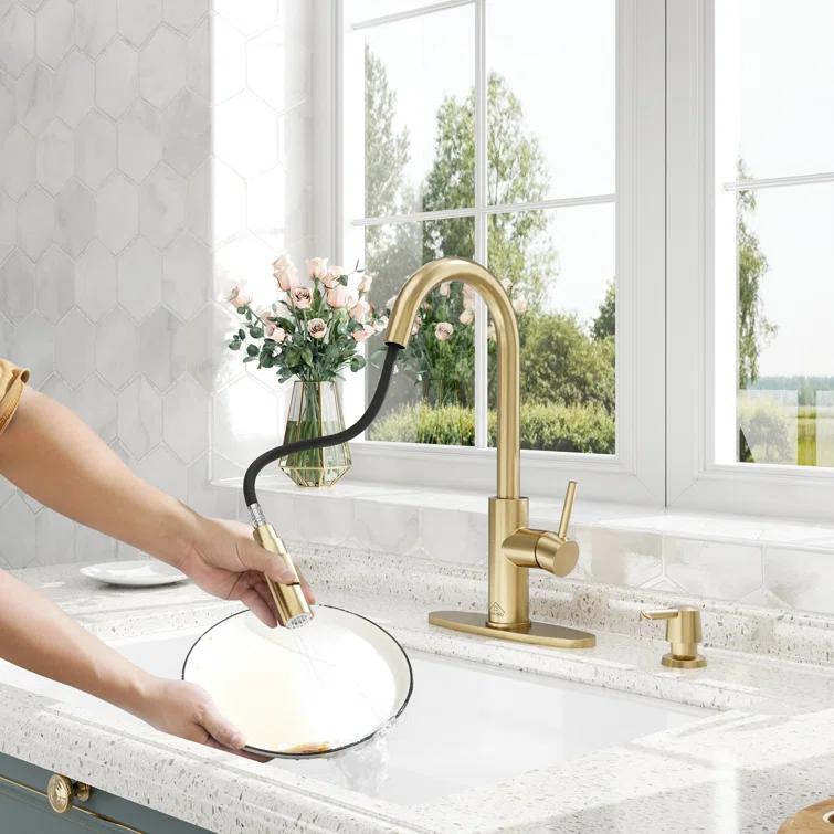 Willow Single-Handle Pull Down Sprayer Kitchen Faucet with Infrared Sensor, Soap Dispenser and Deck Plate