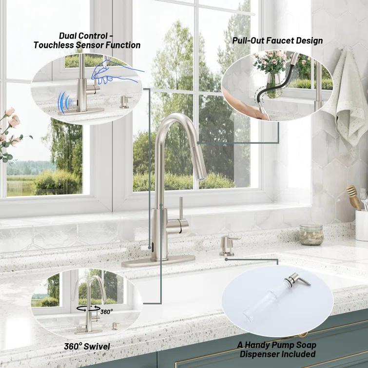 Willow Single-Handle Pull Down Sprayer Kitchen Faucet with Infrared Sensor, Soap Dispenser and Deck Plate