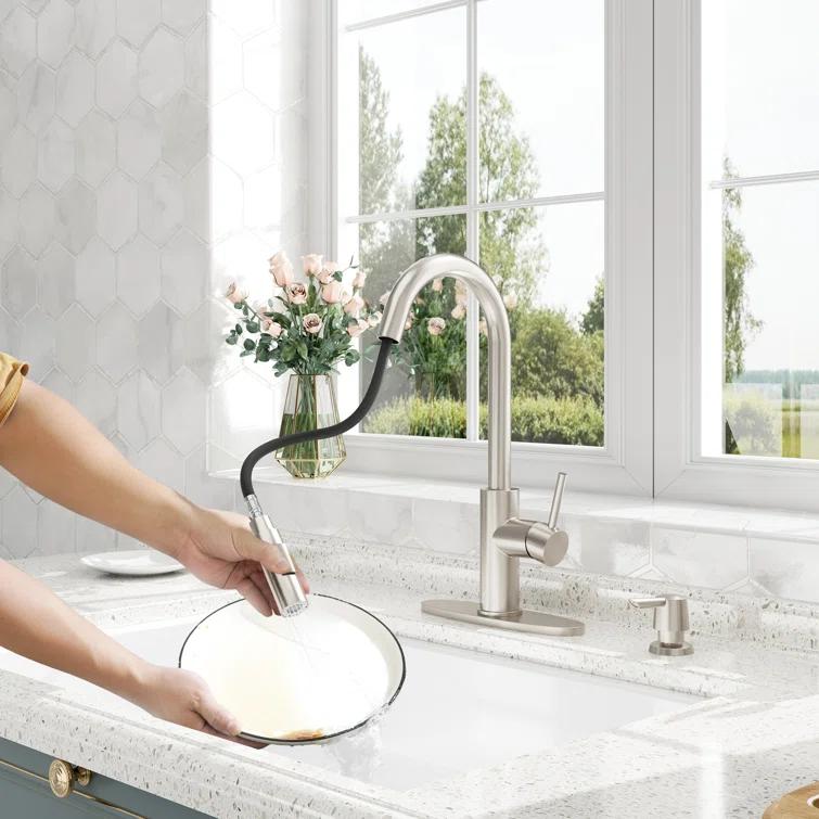 Willow Single-Handle Pull Down Sprayer Kitchen Faucet with Infrared Sensor, Soap Dispenser and Deck Plate