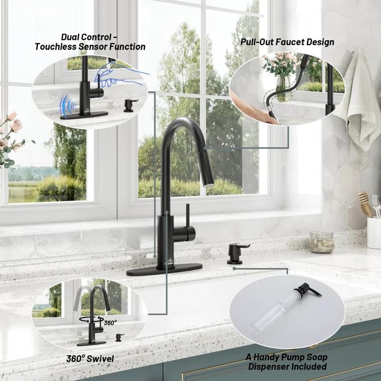 Willow Single-Handle Pull Down Sprayer Kitchen Faucet with Infrared Sensor, Soap Dispenser and Deck Plate