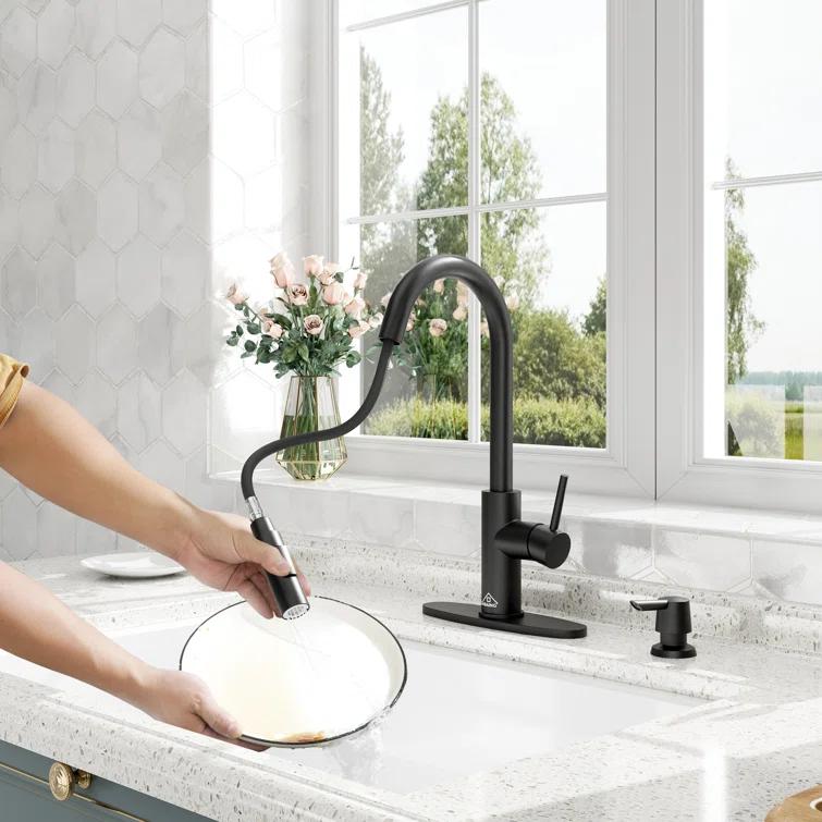 Willow Single-Handle Pull Down Sprayer Kitchen Faucet with Infrared Sensor, Soap Dispenser and Deck Plate