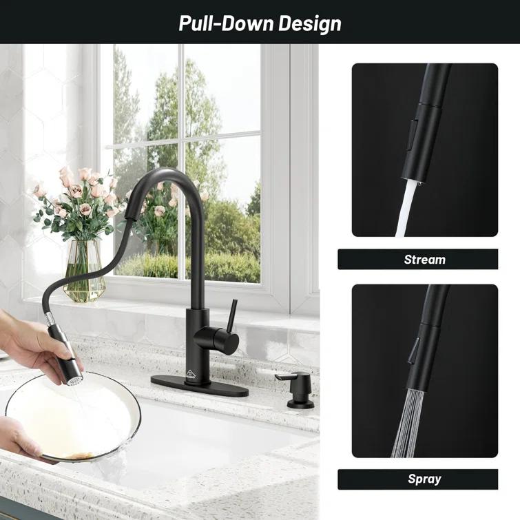 Willow Single-Handle Pull Down Sprayer Kitchen Faucet with Infrared Sensor, Soap Dispenser and Deck Plate