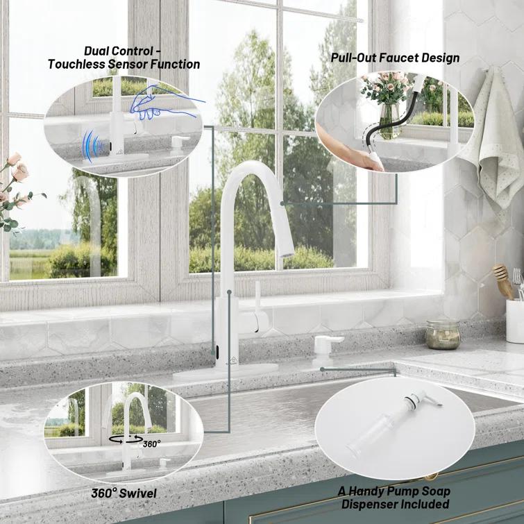 Willow Single-Handle Pull Down Sprayer Kitchen Faucet with Infrared Sensor, Soap Dispenser and Deck Plate