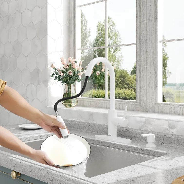 Willow Single-Handle Pull Down Sprayer Kitchen Faucet with Infrared Sensor, Soap Dispenser and Deck Plate
