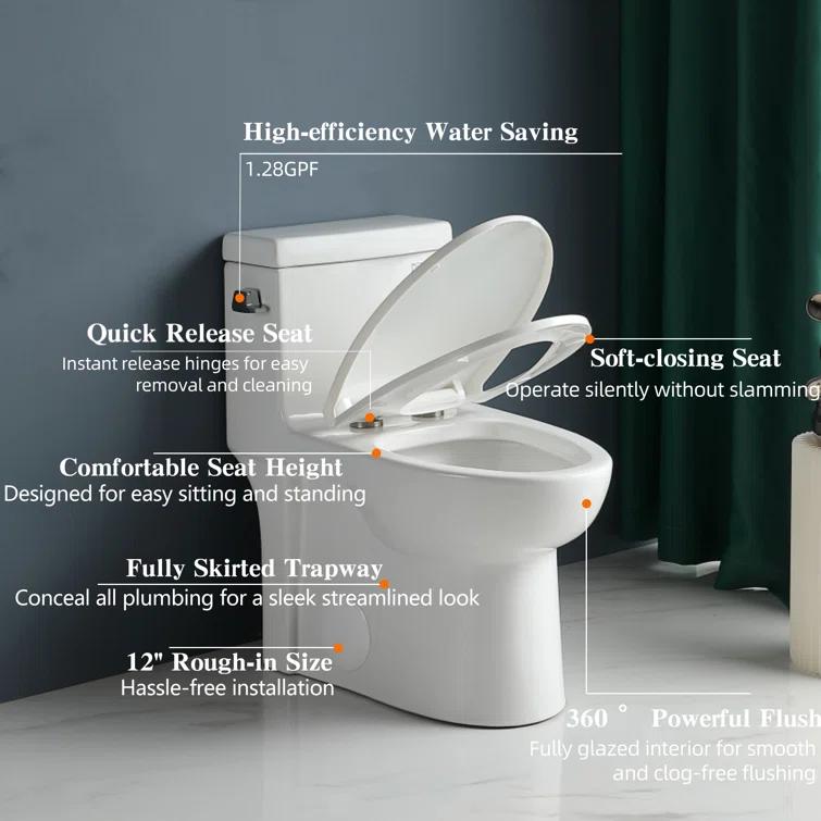 ABRUZZO 1.28 GPF Elongated Comfort Height One-Piece Toilet Floor Mounted (Seat Included), White