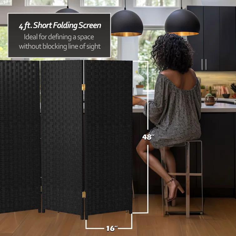 4 ft. Tall Woven Fiber Room Divider - Black (3 Panels) - Oriental Furniture: Rattan-Style, Privacy Screen