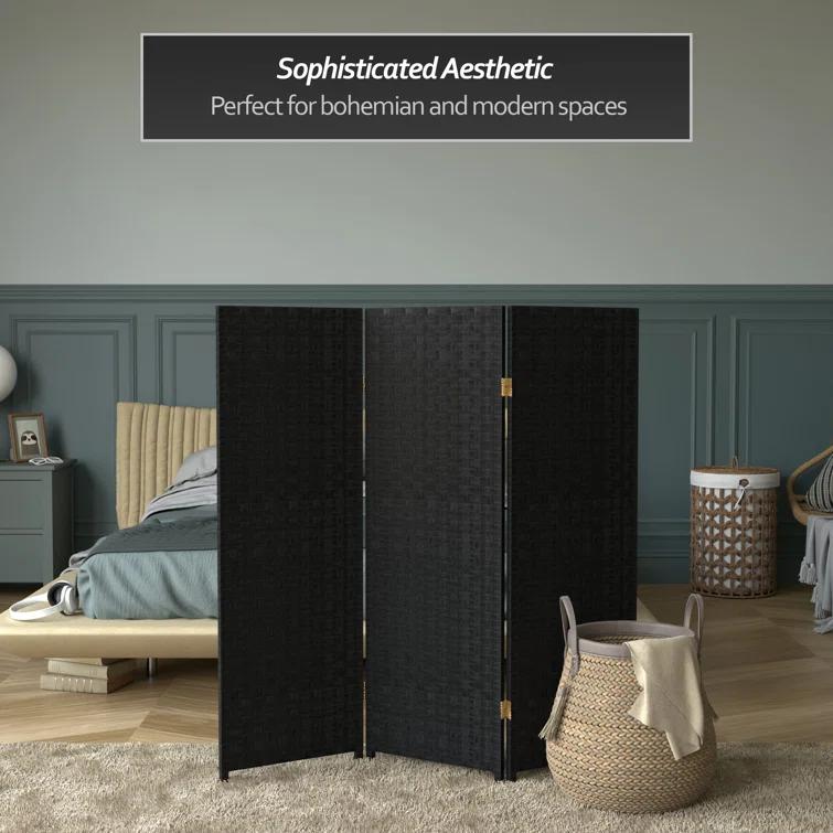 4 ft. Tall Woven Fiber Room Divider - Black (3 Panels) - Oriental Furniture: Rattan-Style, Privacy Screen