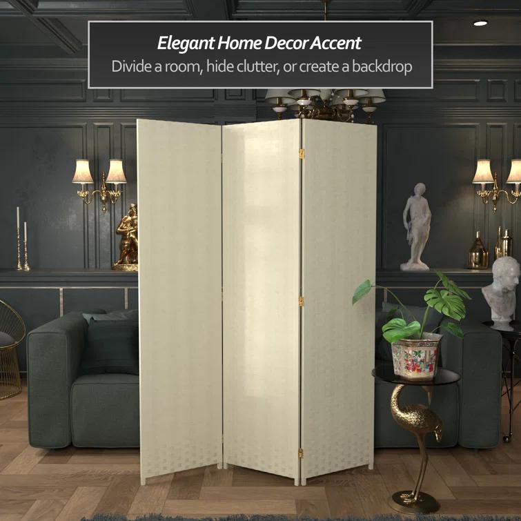 Oriental Furniture 6 Ft Tall Woven Fiber Room Divider, natural fiber, cream color, 3 panel