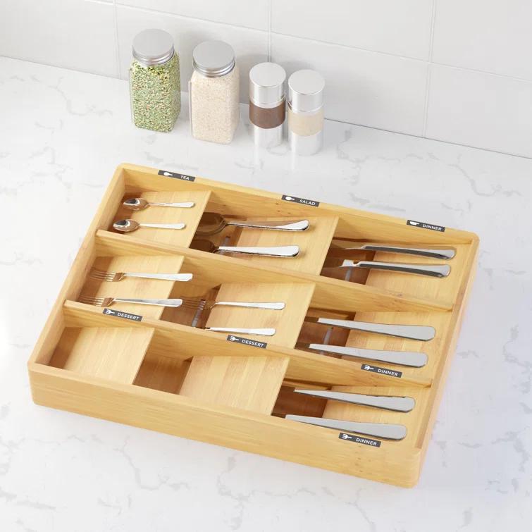 Bamboo Silverware Drawer Organizer with Labels - Kitchen Utensil Tray Holder for Flatware, Cutlery, Spoons, and Knives,Slots