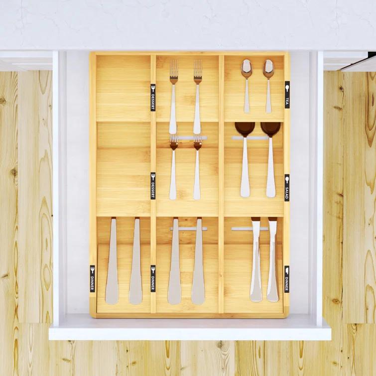 Bamboo Silverware Drawer Organizer with Labels - Kitchen Utensil Tray Holder for Flatware, Cutlery, Spoons, and Knives,Slots
