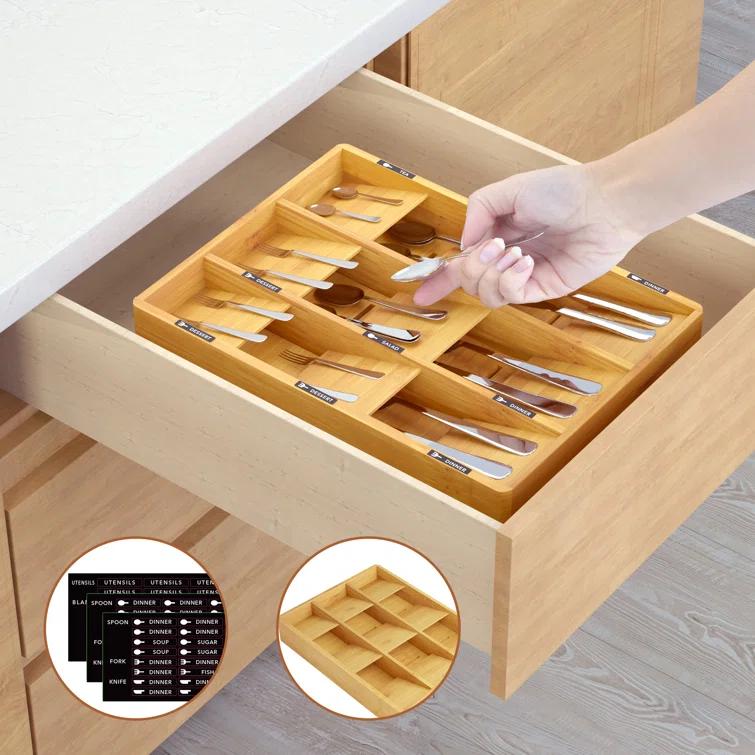 Bamboo Silverware Drawer Organizer with Labels - Kitchen Utensil Tray Holder for Flatware, Cutlery, Spoons, and Knives,Slots