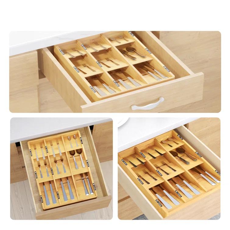Bamboo Silverware Drawer Organizer with Labels - Kitchen Utensil Tray Holder for Flatware, Cutlery, Spoons, and Knives,Slots