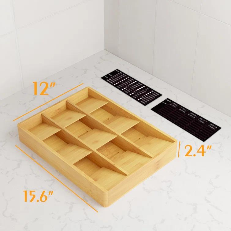 Bamboo Silverware Drawer Organizer with Labels - Kitchen Utensil Tray Holder for Flatware, Cutlery, Spoons, and Knives,Slots