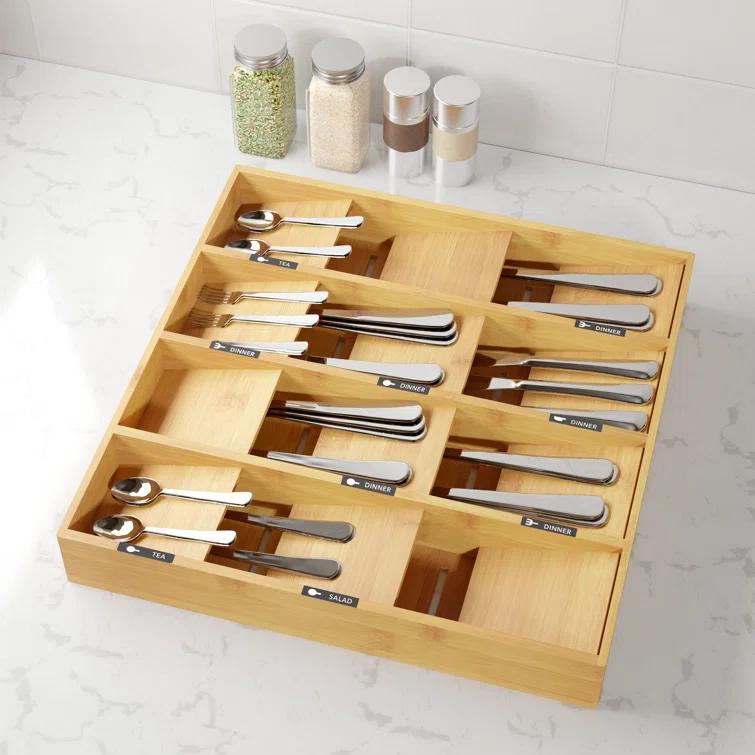 Bamboo Silverware Drawer Organizer with Labels - Kitchen Utensil Tray Holder for Flatware, Cutlery, Spoons, and Knives,Slots