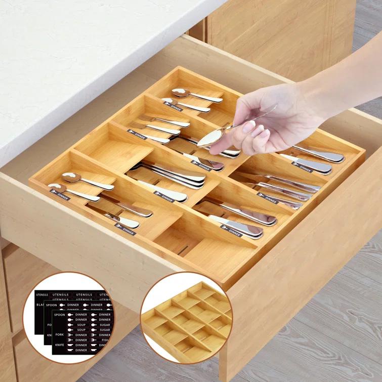 Bamboo Silverware Drawer Organizer with Labels - Kitchen Utensil Tray Holder for Flatware, Cutlery, Spoons, and Knives,Slots